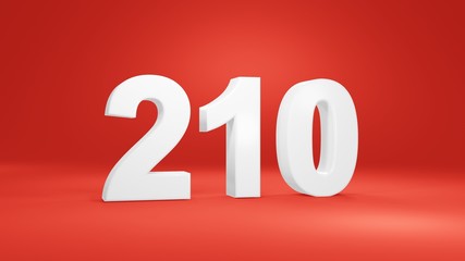 Number 210 in white on red background, isolated number 3d render