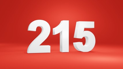 Number 215 in white on red background, isolated number 3d render