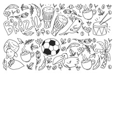 Coloring page, book. Brazil vector pattern with national symbols. Background for posters, coloring pages, books.
