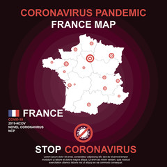 France Coronavirus interactive map tracker in vector illustration. Stop coronavirus (Covid-19), stay home. Prevention of Coronavirus Disease. Global COVID-19 cases in France.
