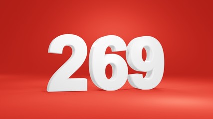 Number 269 in white on red background, isolated number 3d render