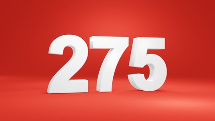 Number 275 in white on red background, isolated number 3d render
