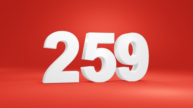 Number 259 in white on red background, isolated number 3d render