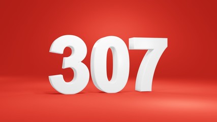 Number 307 in white on red background, isolated number 3d render