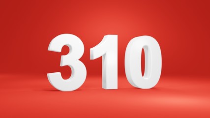 Number 310 in white on red background, isolated number 3d render