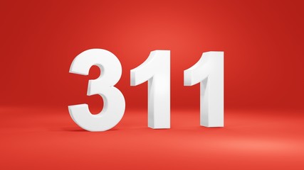 Number 311 in white on red background, isolated number 3d render