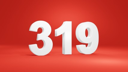 Number 319 in white on red background, isolated number 3d render