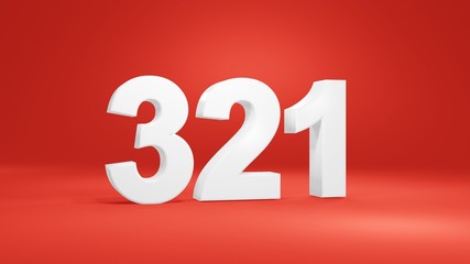 Number 321 in white on red background, isolated number 3d render