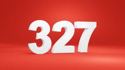 Number 327 in white on red background, isolated number 3d render
