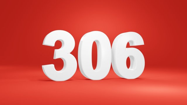 Number 306 in white on red background, isolated number 3d render