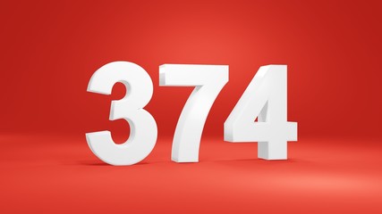 Number 374 in white on red background, isolated number 3d render