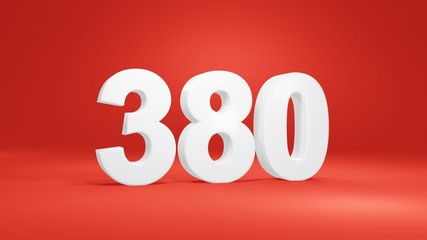 Number 380 in white on red background, isolated number 3d render - obrazy, fototapety, plakaty