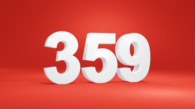 Number 359 in white on red background, isolated number 3d render