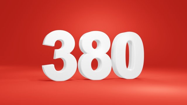 Number 380 in white on red background, isolated number 3d render