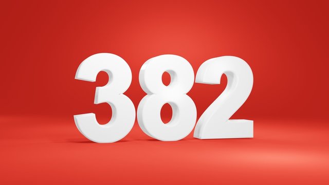 Number 382 in white on red background, isolated number 3d render