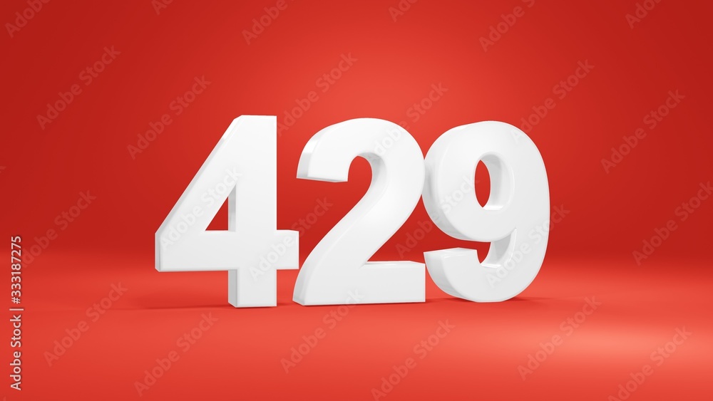 Wall mural number 429 in white on red background, isolated number 3d render