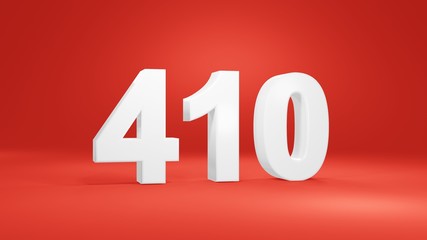 Number 410 in white on red background, isolated number 3d render