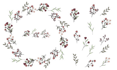 Set of decorative wreath of cute simple flowers and branches in doodle style on a white background. Wildflowers. Pastel calm colors. Isolated objects.