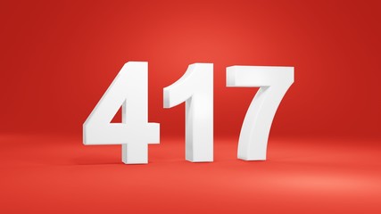Number 417 in white on red background, isolated number 3d render