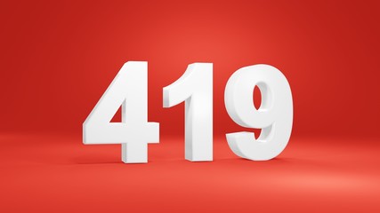 Number 419 in white on red background, isolated number 3d render
