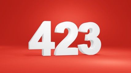 Number 423 in white on red background, isolated number 3d render