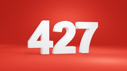 Number 427 in white on red background, isolated number 3d render