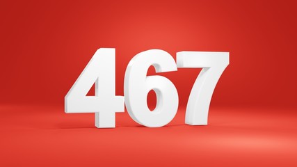 Number 467 in white on red background, isolated number 3d render