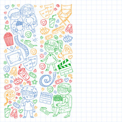 Online internet cinema pattern with vector icons for wrapping paper, posters, banners, leaflets. 3d movie, tv, musical.