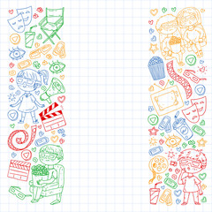 Online internet cinema pattern with vector icons for wrapping paper, posters, banners, leaflets. 3d movie, tv, musical.