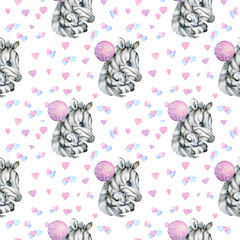 Seamless pattern Zebra baby and mother cartoon animal illustrations, hearts, brazil trendy design