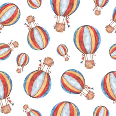 Gordijnen Naadloos patroon rond het thema luchtvervoer met ballonnen van verschillende groottes in blauwe, gele, roodoranje kleuren en hoge resolutie © CreatArtStudio