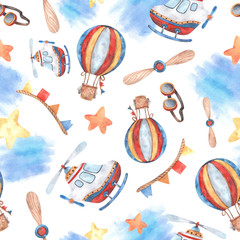 Modèle sans couture sur le thème du transport aérien avec des hélicoptères et des ballons de différentes tailles, une vis, une guirlande avec des drapeaux, des étoiles aux couleurs bleu, jaune, rouge-orange et haute résolution