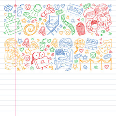 Cinema pattern with vector icons for wrapping paper, posters, banners, leaflets. 3d movie, tv, musical.