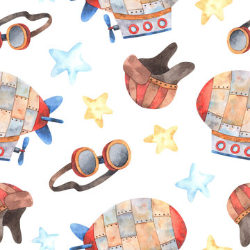 Seamless pattern on the theme of air transport with an airship, flight cap, stars and flying glasses in blue, yellow, red-orange colors and high resolution