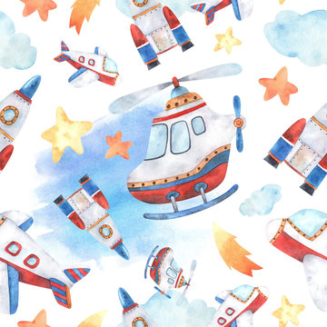 Seamless pattern on the theme of air transport with an airplane, helicopter, rocket, watercolor stain, stars and clouds in blue, yellow, red and orange colors and high resolution