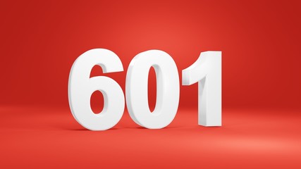 Number 601 in white on red background, isolated number 3d render
