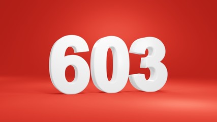 Number 603 in white on red background, isolated number 3d render