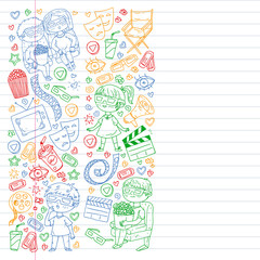 Cinema pattern with vector icons for wrapping paper, posters, banners, leaflets. 3d movie, tv, musical.