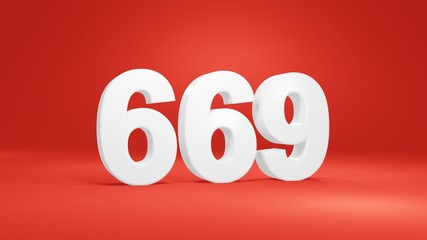 Number 669 in white on red background, isolated number 3d render