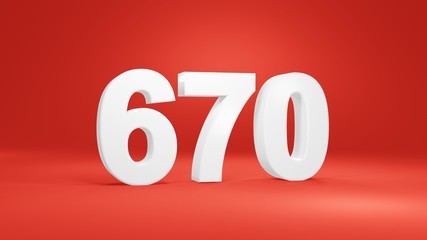 Number 670 in white on red background, isolated number 3d render