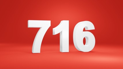 Number 716 in white on red background, isolated number 3d render