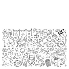 Fototapeta na wymiar Coloring page. Online internet cinema pattern with vector icons for wrapping paper, posters, banners, leaflets. 3d movie, tv, musical.