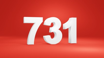 Number 731 in white on red background, isolated number 3d render