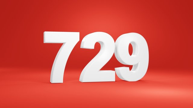 Number 729 in white on red background, isolated number 3d render