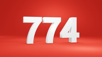 Number 774 in white on red background, isolated number 3d render