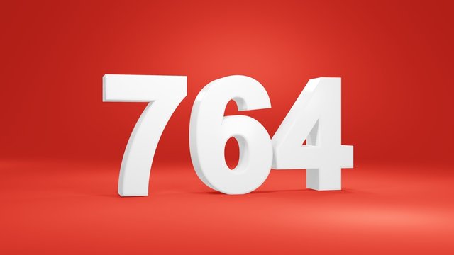 Number 764 in white on red background, isolated number 3d render