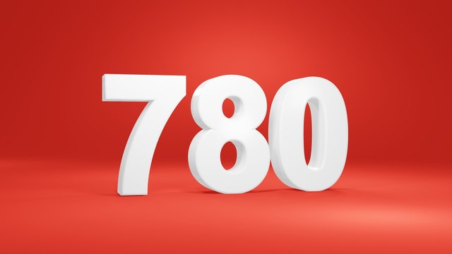 Number 780 in white on red background, isolated number 3d render