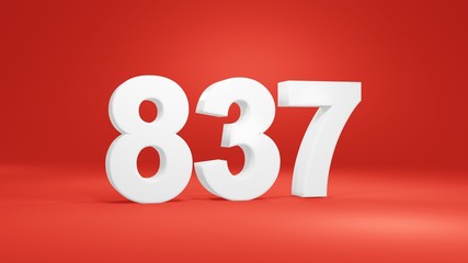 Number 837 in white on red background, isolated number 3d render