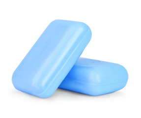 Pieces of blue soap isolated on white background.