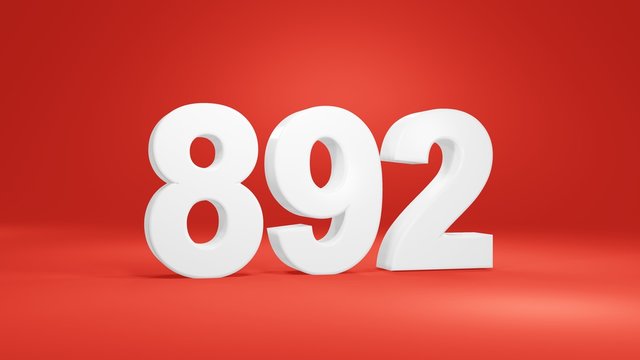 Number 892 in white on red background, isolated number 3d render